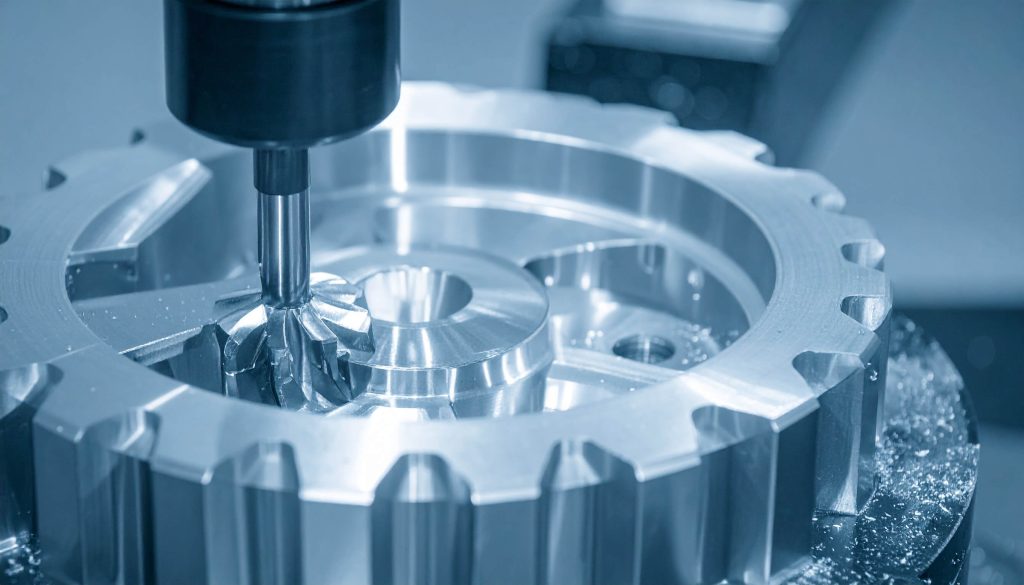 precision metal part gear being machined on a CNC machine