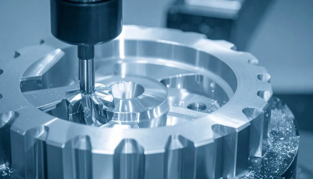 precision metal part gear being machined on a CNC machine