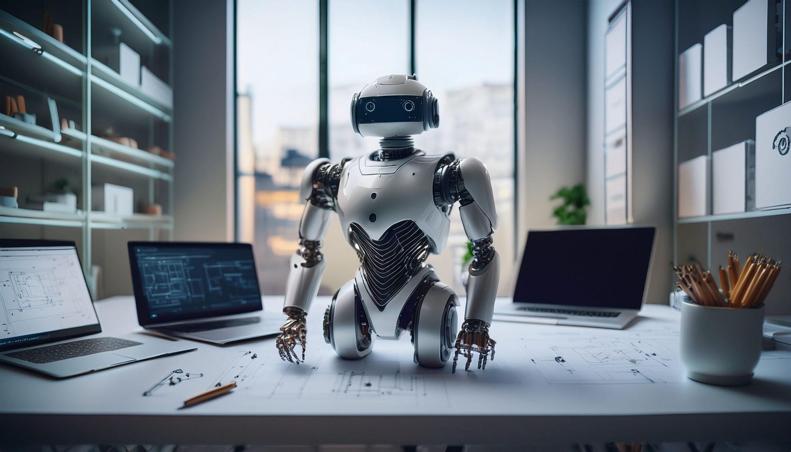 product prototype for a robot in a minimalist studio