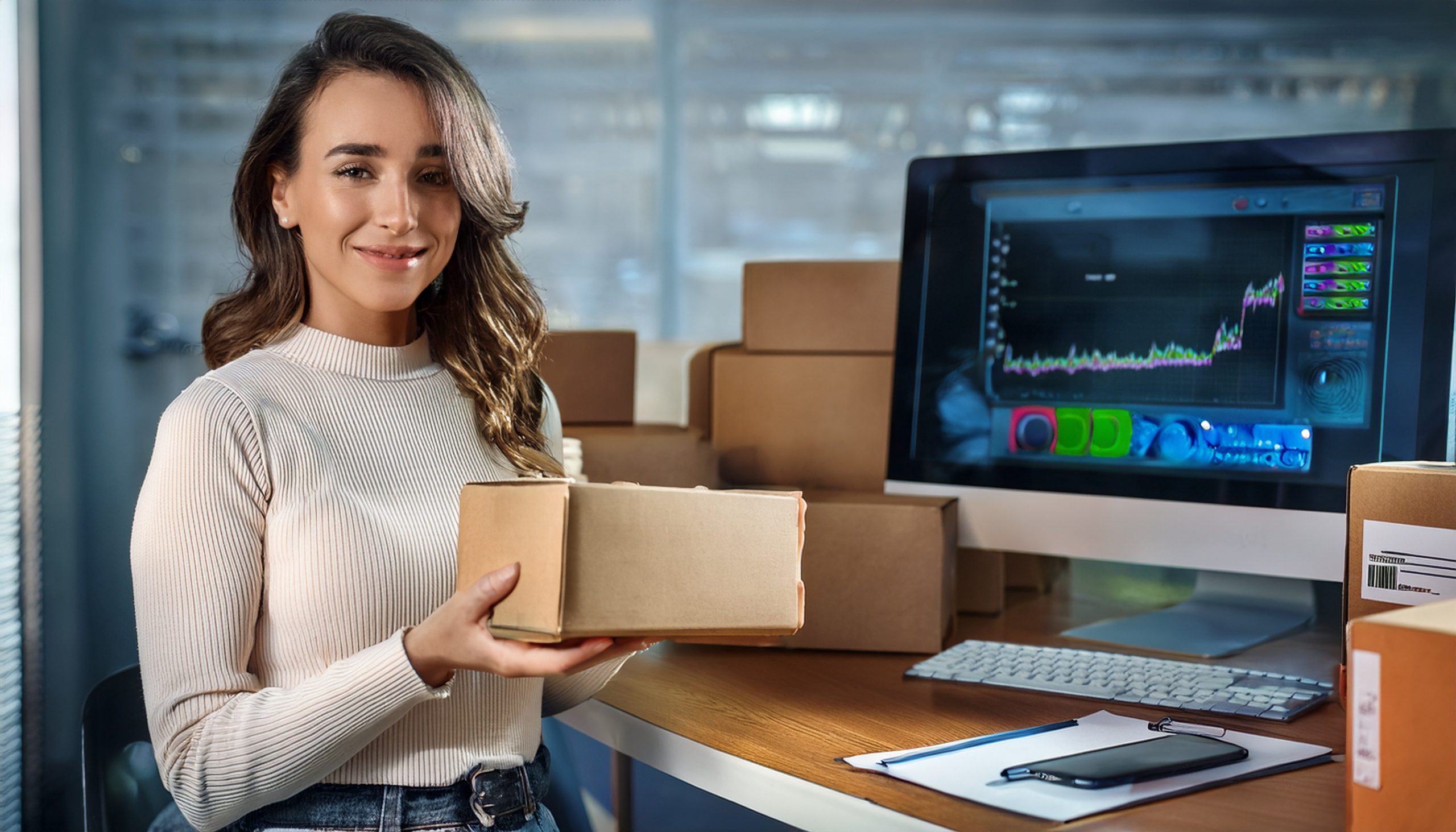 startup founder holding a small box of product samples
