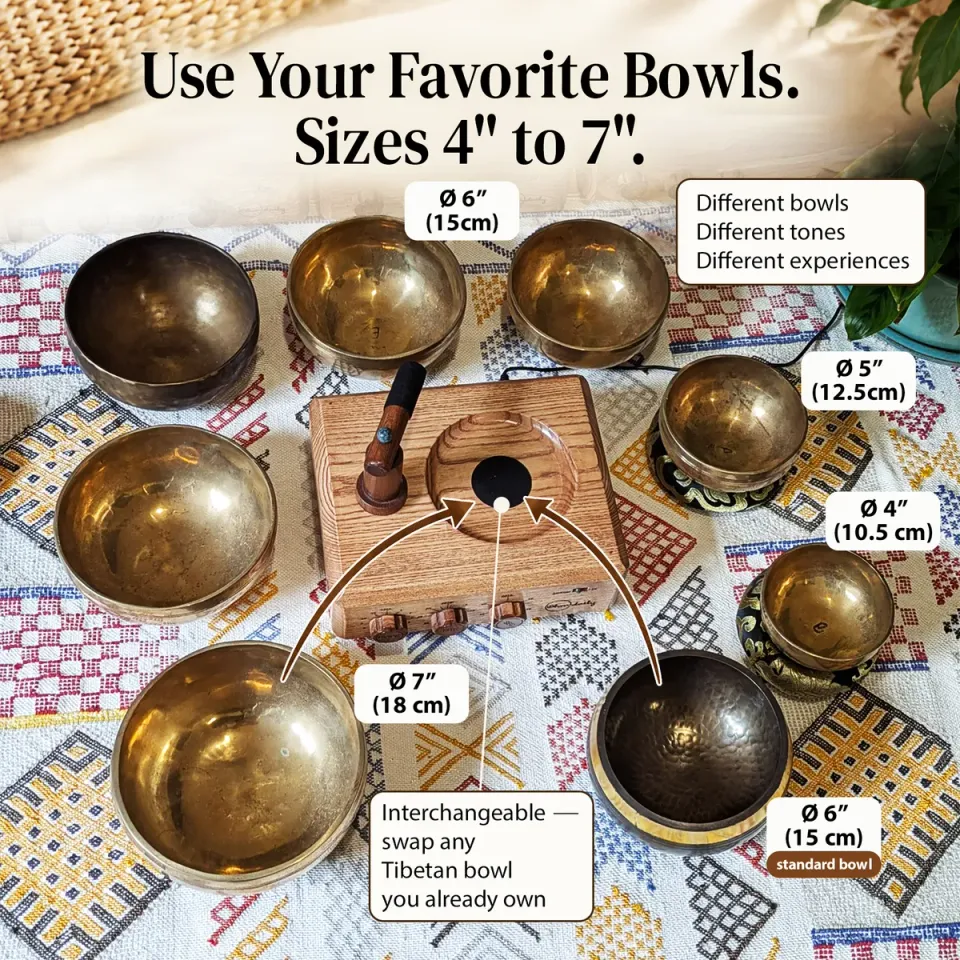 The unit surrounded by seven Tibetan singing bowls from 4 to 7 inches in diameter, with labels showing that any of them can be placed on the base in place of the standard 6-inch bowl