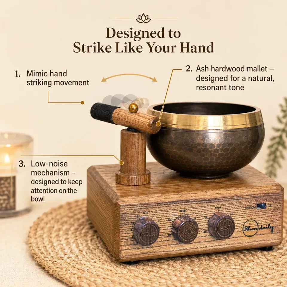 Close-up of the ash hardwood mallet swinging against the brass bowl, with callouts for the hand-like striking movement, the ash hardwood mallet and the low-noise mechanism